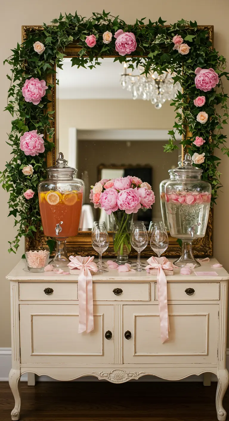 A drink station on a white sideboard with a large mirror framed in fresh flowers.