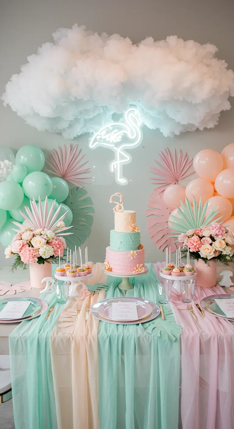 Pastel dessert table with a neon flamingo under a DIY cloud installation.