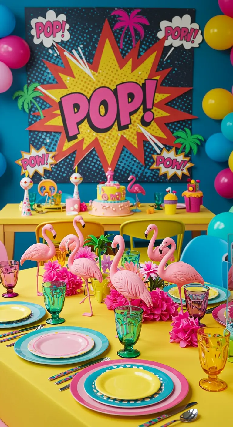 Pop art themed party table with bright colors and a flock of plastic flamingos.