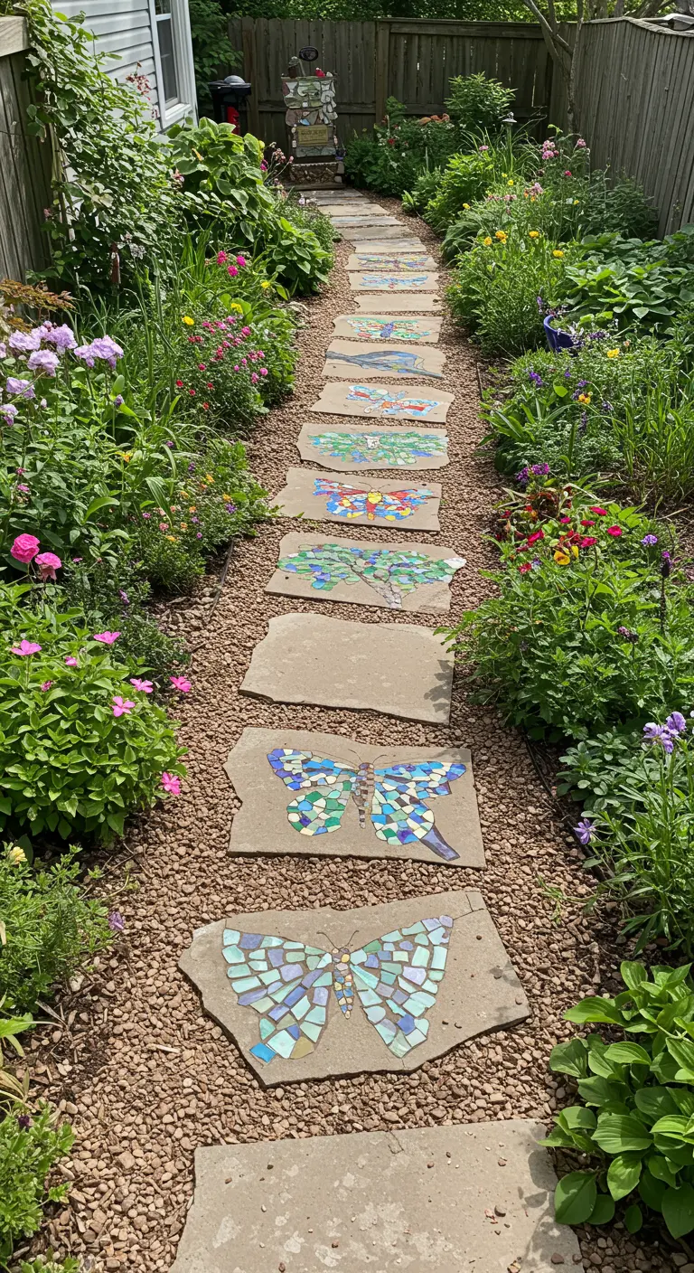 Irregular flagstones with butterfly mosaics set in a gravel path through a flower garden.