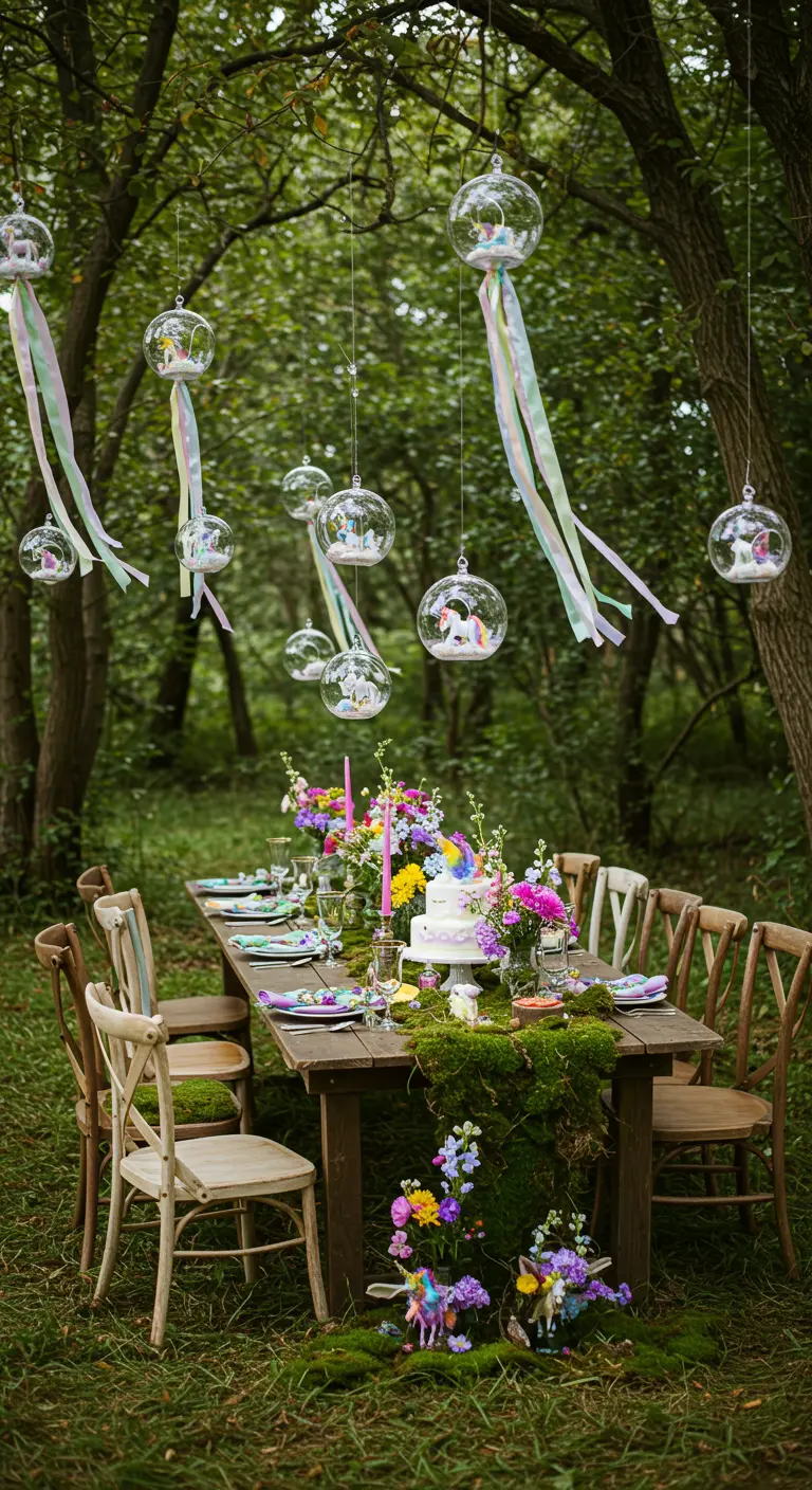 Woodland unicorn party table with hanging glass orbs and a moss runner.