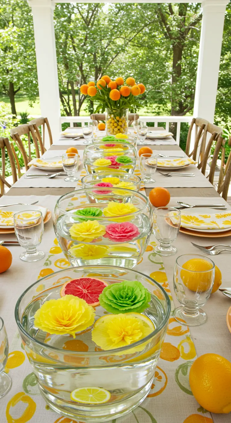A summer table with glass bowls filled with water, floating paper flowers, and citrus slices.