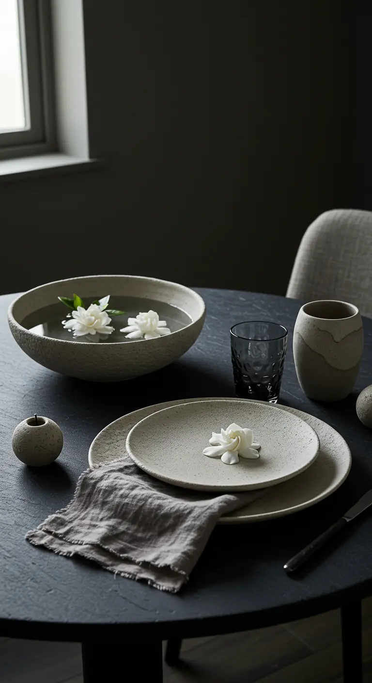 Dark table setting with a large bowl of water holding floating white flowers.