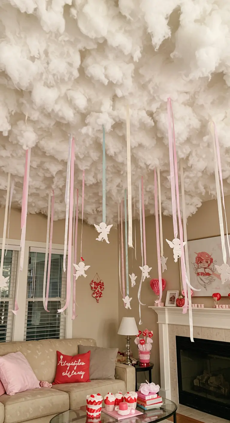 A living room ceiling decorated with fluffy cotton clouds and hanging ribbons.
