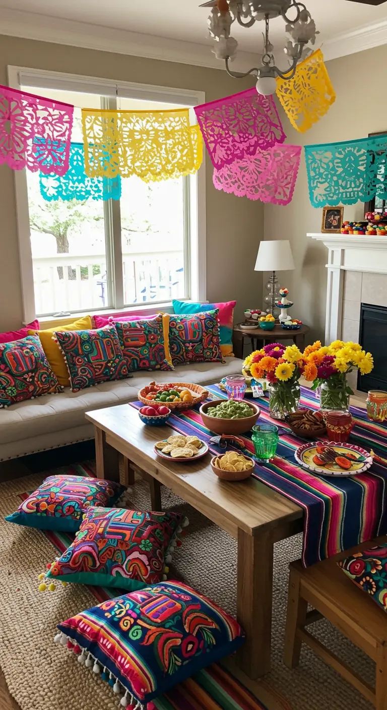 Colorful fiesta party setup with papel picado banners, embroidered pillows, and floor seating.