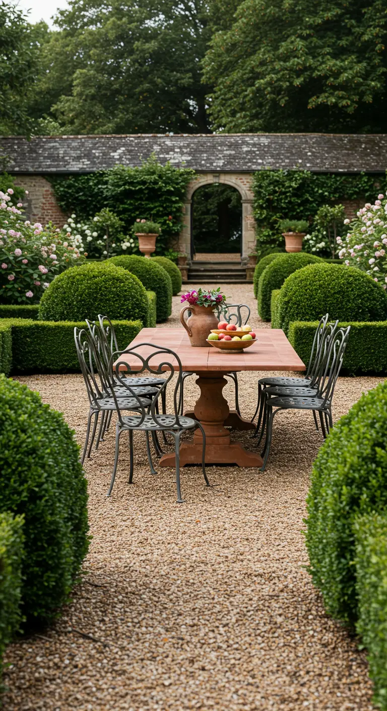 Terra cotta table and iron chairs centered in a formal garden with boxwood hedges.