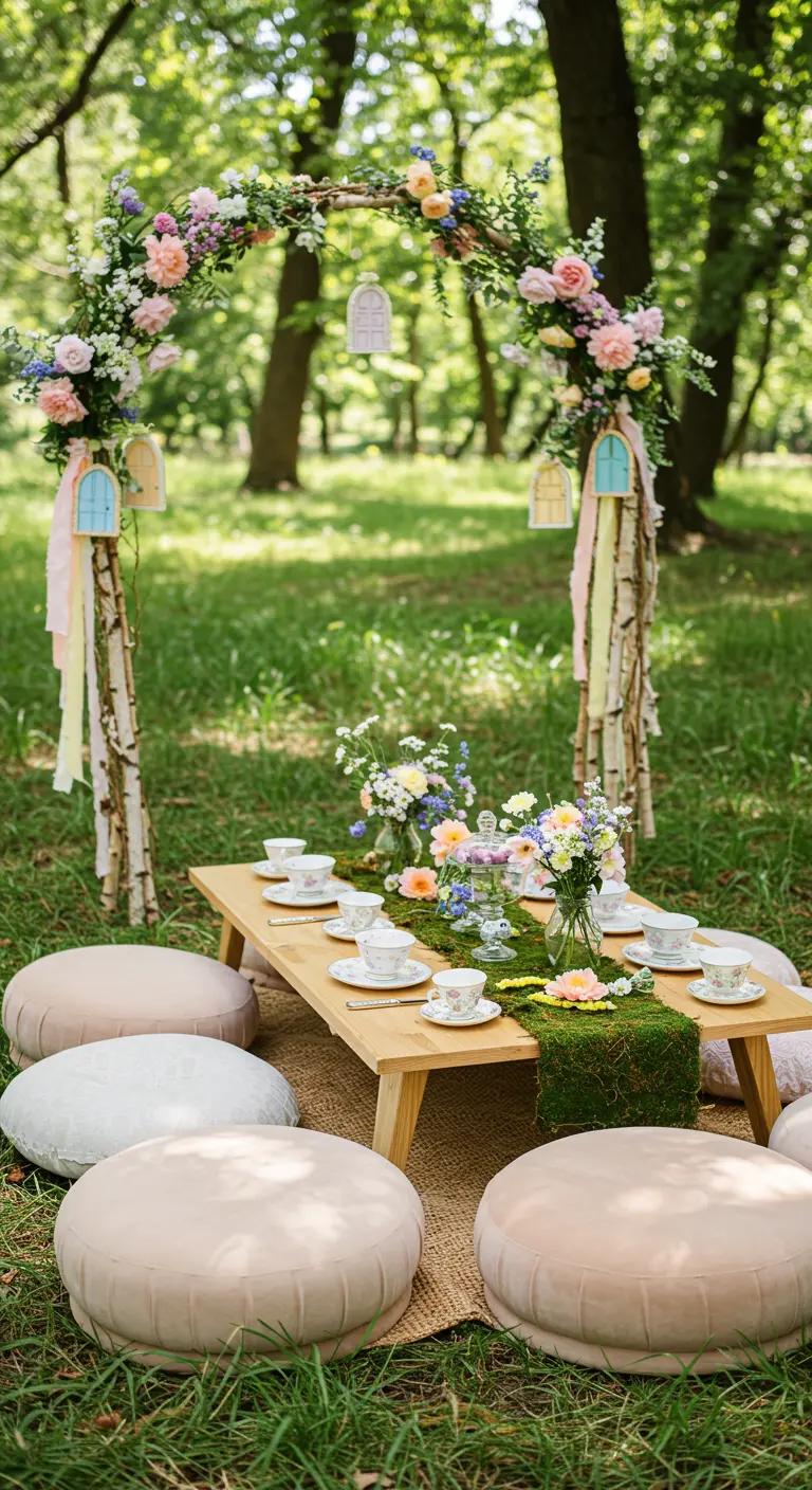 A fairytale picnic set up in a meadow with a floral arch and floor cushions.