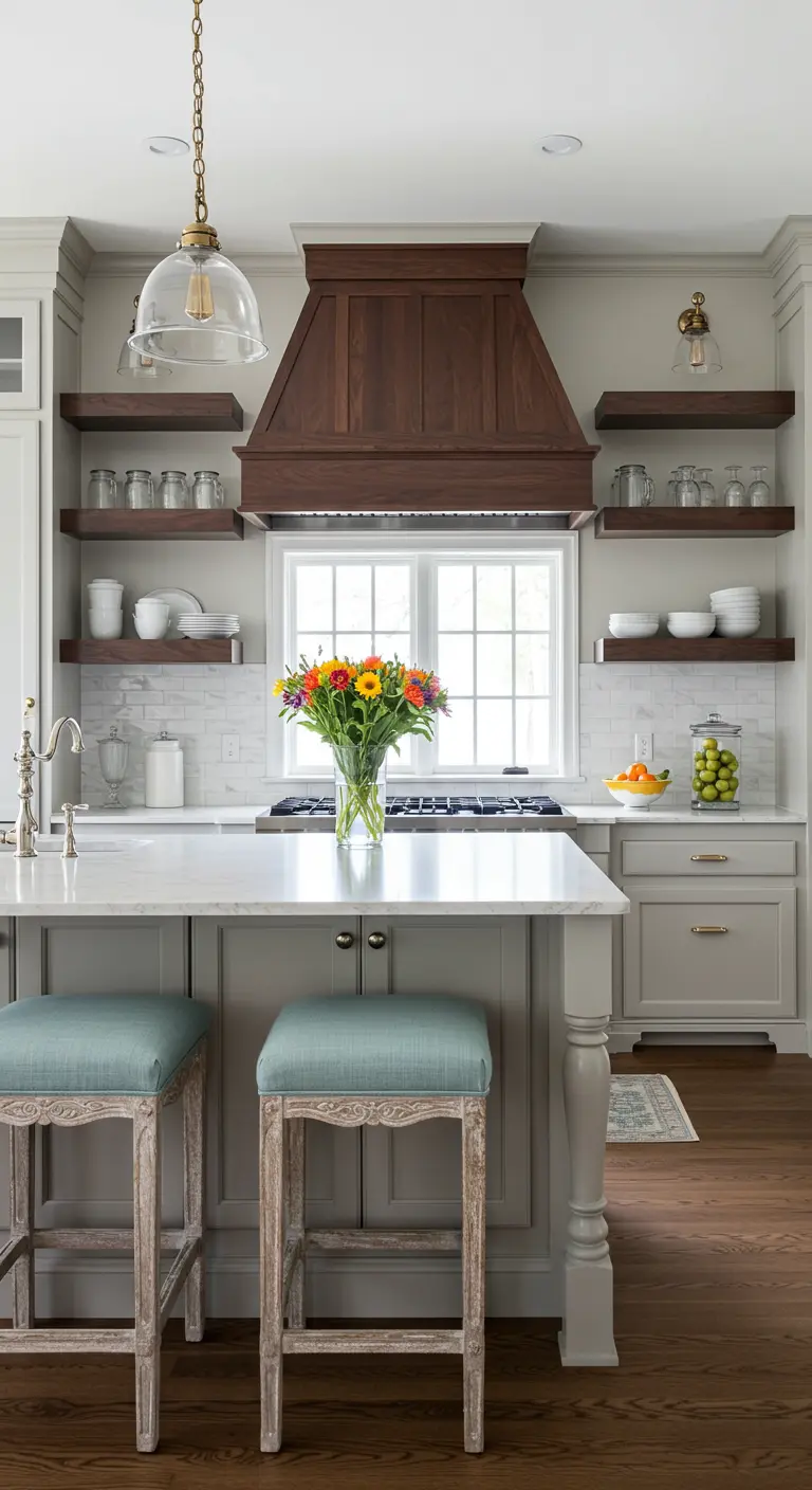 Kitchen with grey cabinets, a dark wood range hood, and matching open shelving around a window.