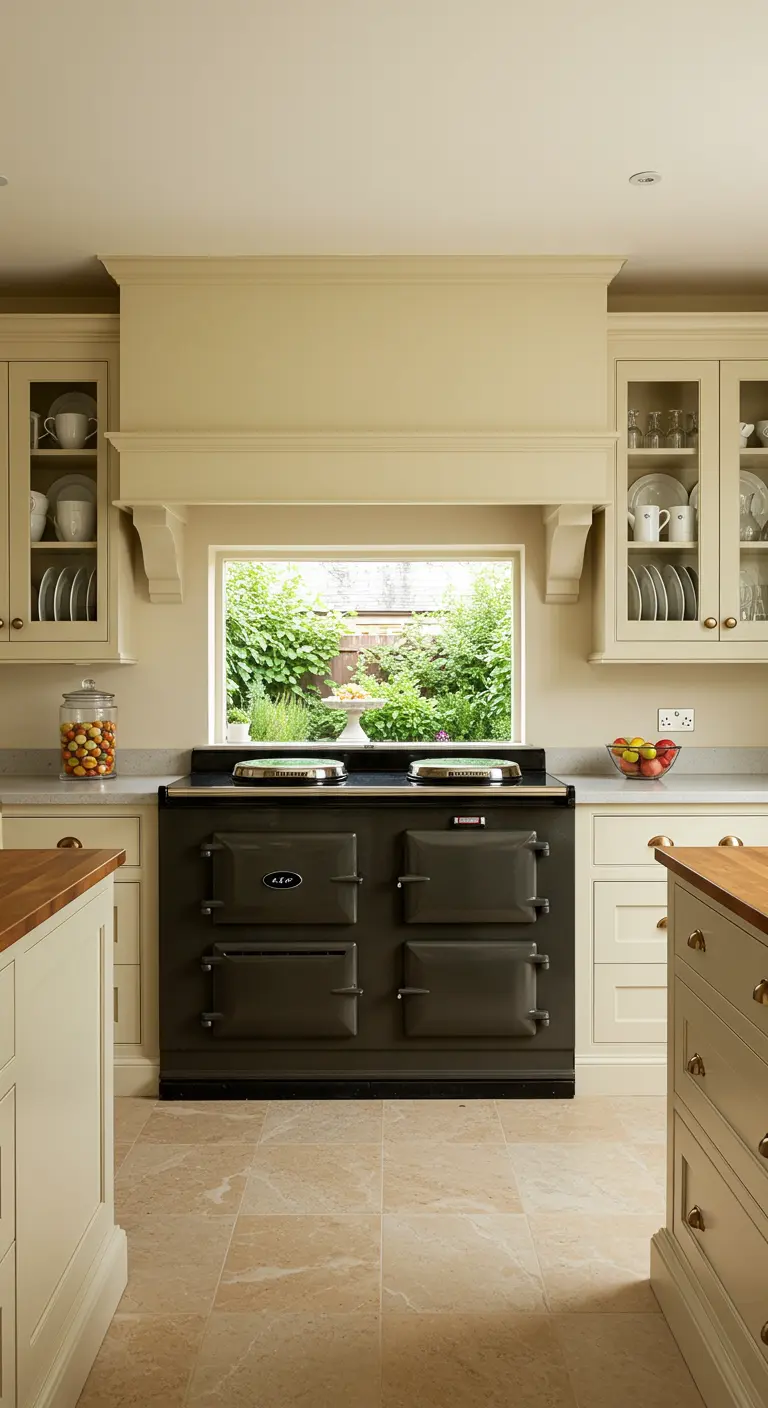 Kitchen range set against a window that looks out onto a lush green garden.