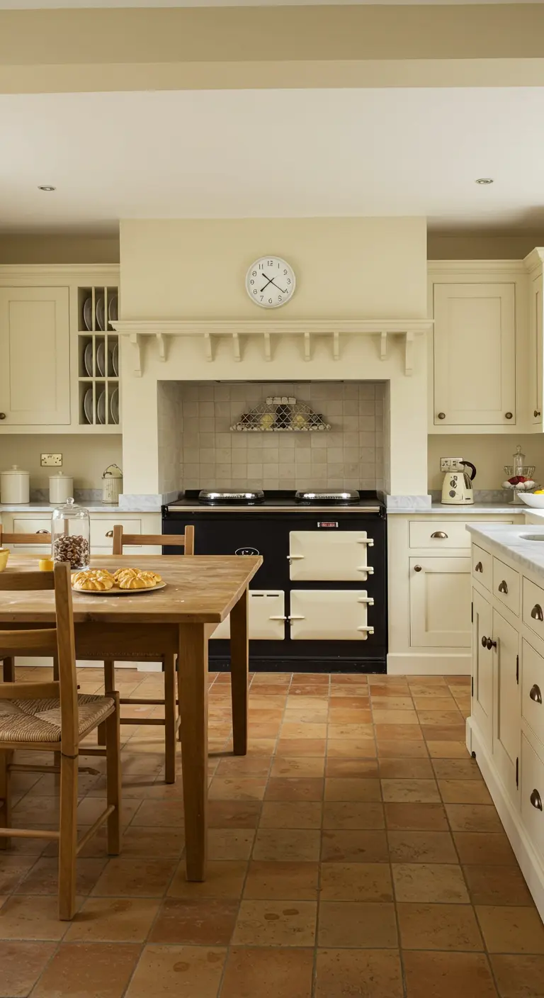 Buttermilk kitchen with a simple mantelpiece over the range and a small dining table.