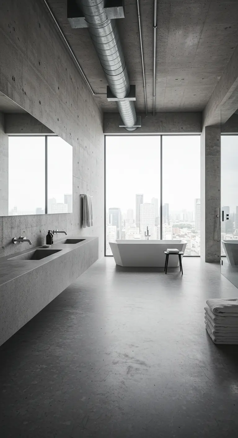 Minimalist concrete bathroom with a large window overlooking a city.