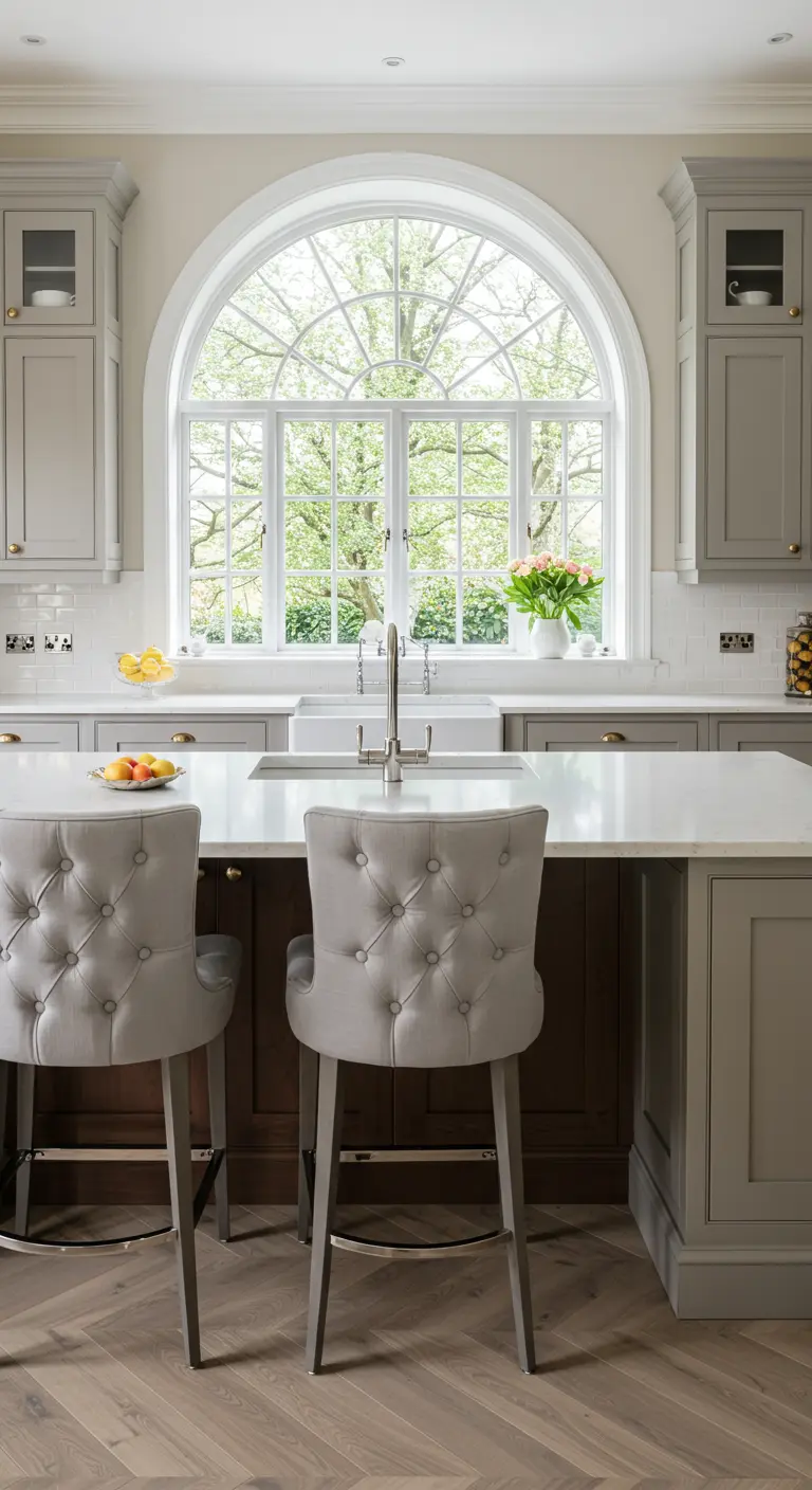 Grey kitchen with a large arched window over the sink and tufted grey bar stools.