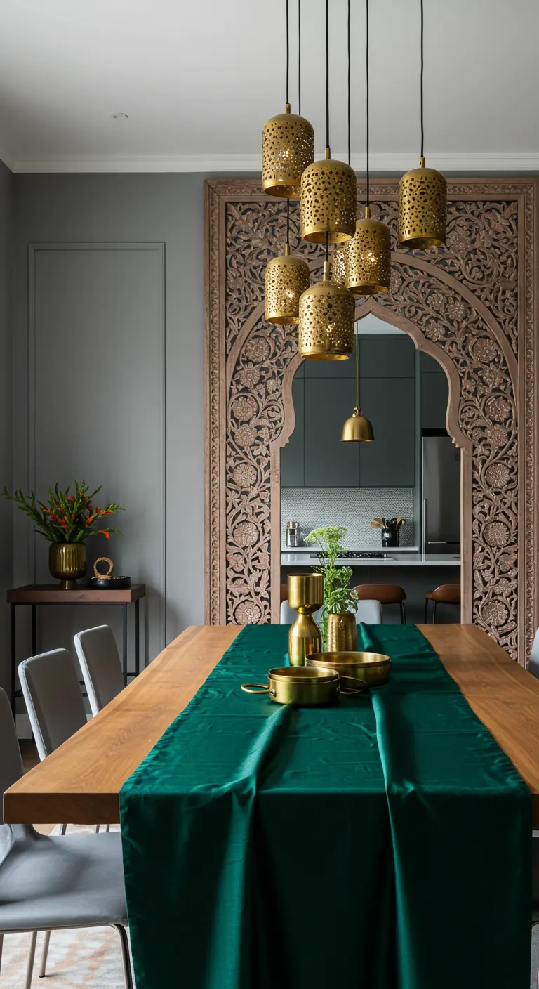 Dining room with a large carved wooden arch, an emerald green table runner, and brass pendants.