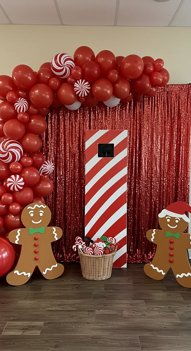 Red balloon arch with peppermint balloons framing a photo booth with gingerbread men.