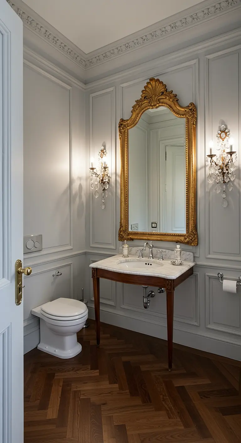 Parisian powder room with grey paneling, ornate gold mirror, and crystal sconces.