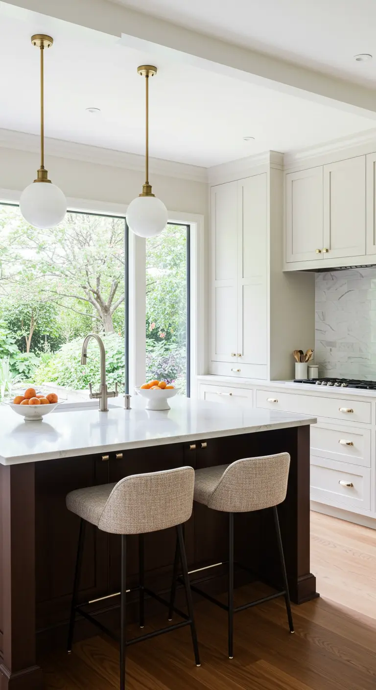Kitchen with a dark island and large window overlooking a lush green yard.