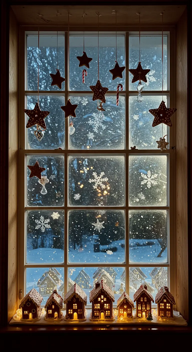Window decorated with hanging gingerbread stars and a lit gingerbread village on the sill.