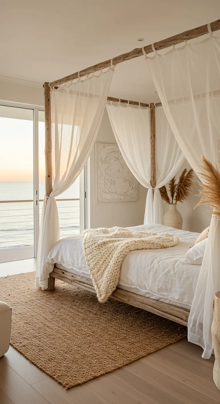 A four-poster raw wood bed with sheer white drapes overlooks the ocean at sunset.