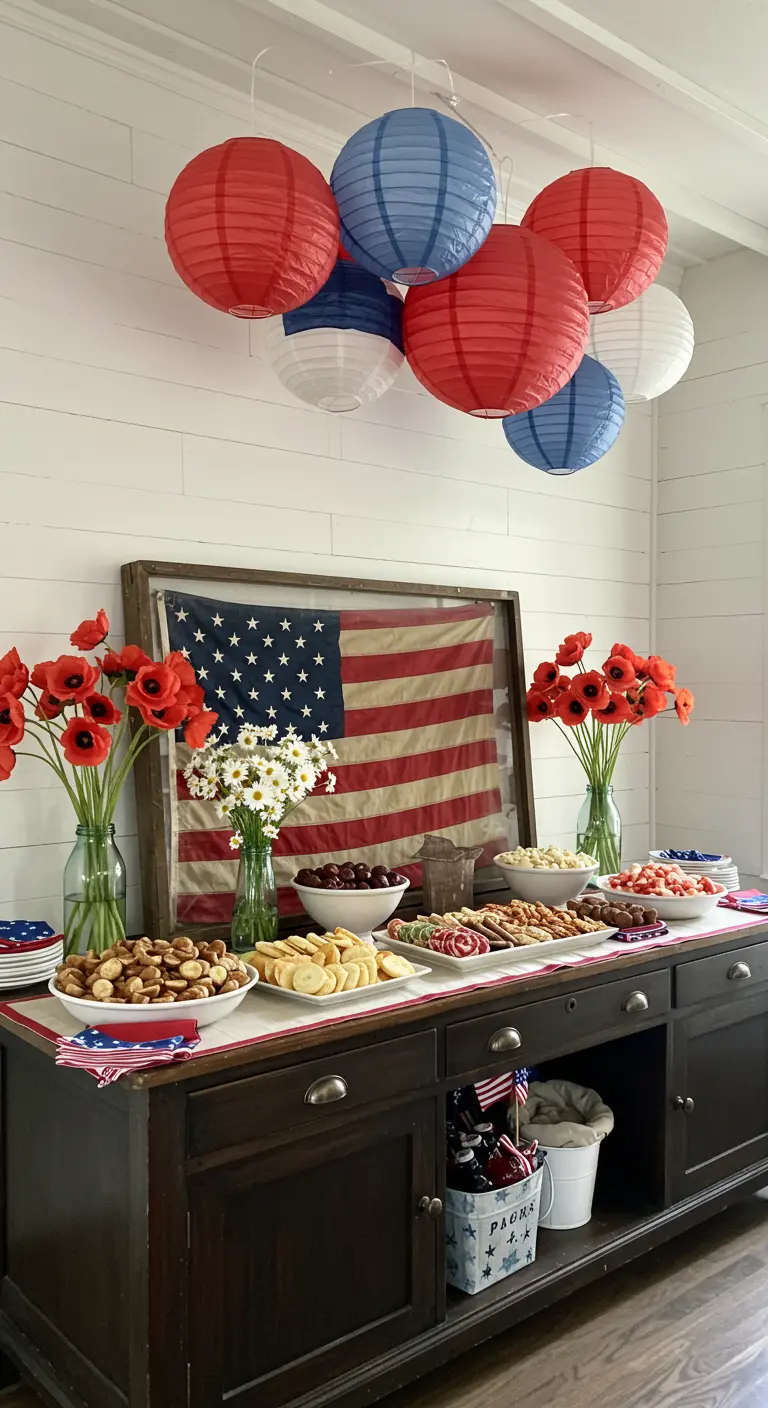 Buffet table with a framed vintage flag, red poppies, and a cluster of paper lanterns overhead.