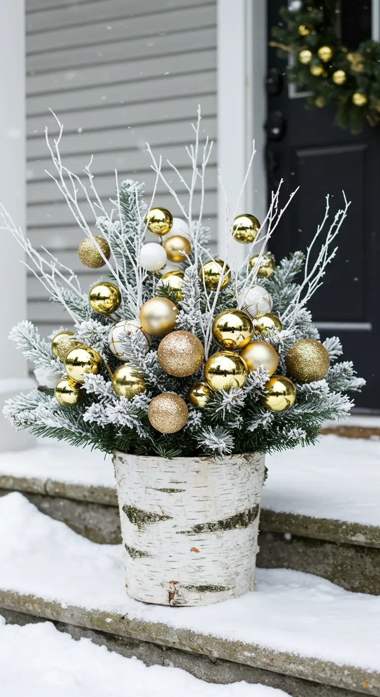 A birch bark planter filled with flocked pine, white branches, and gold and white ornaments.