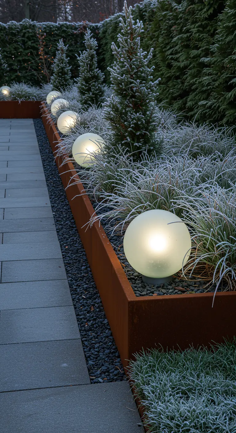Modern Corten steel garden bed with frosted ornamental grasses and large glowing orb lights.
