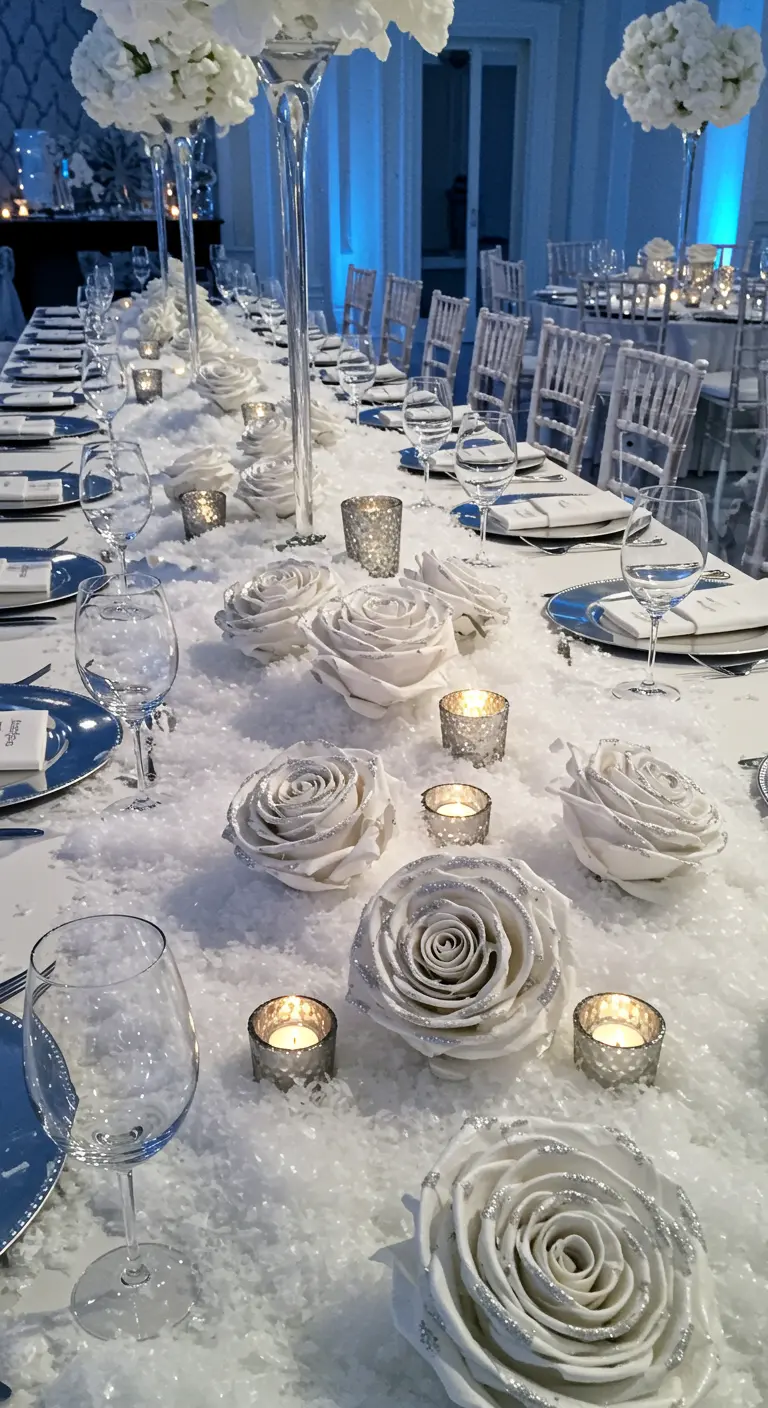 A winter tablescape with white paper roses edged in silver glitter, surrounded by faux snow.