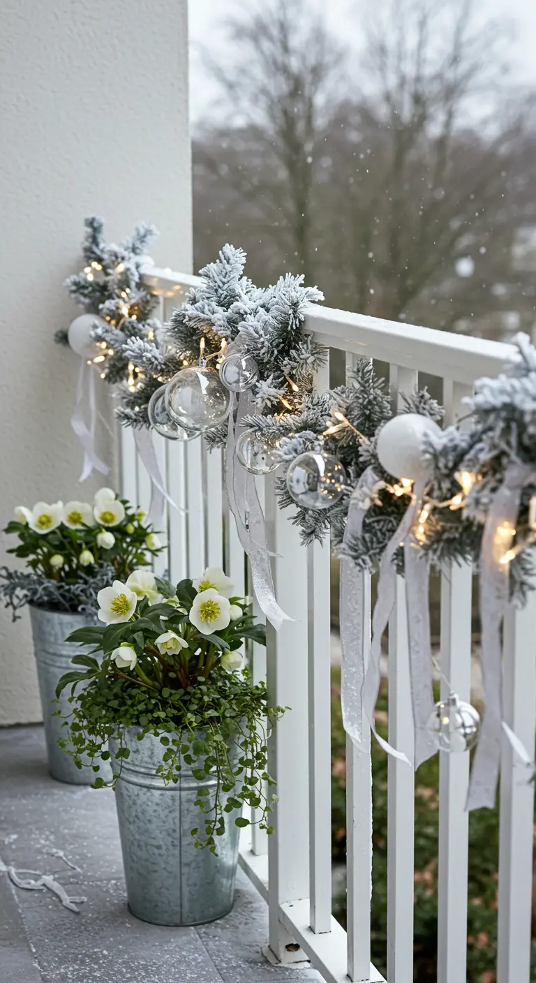 A white balcony railing with a flocked garland, clear ornaments, and white flowers.