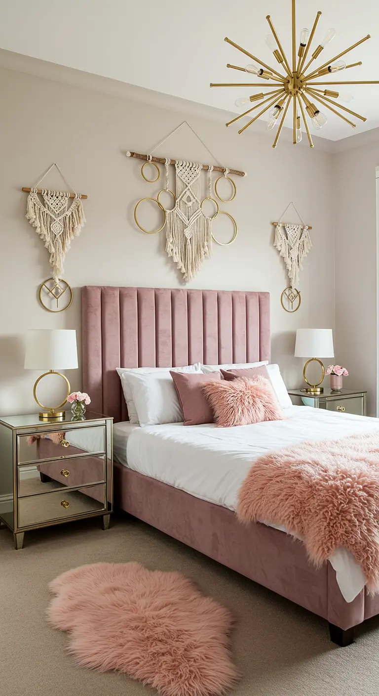 A glam bedroom with a pink velvet bed, mirrored nightstands, and gold-accented macramé.