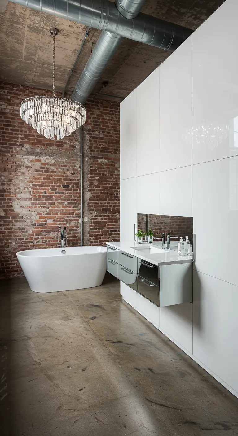 Loft bathroom with a brick wall, crystal chandelier, and glossy vanity.