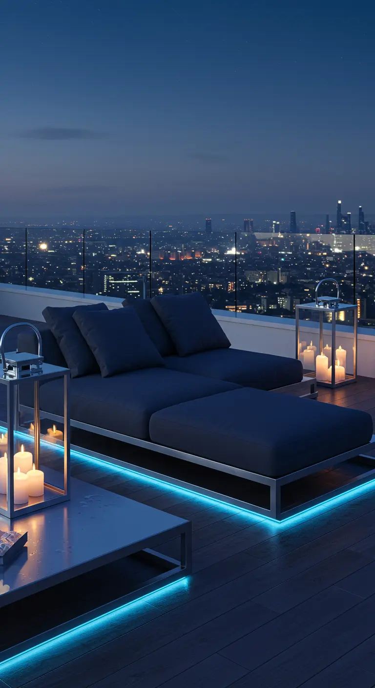 Modern rooftop lounger with navy cushions and blue LED lights underneath.
