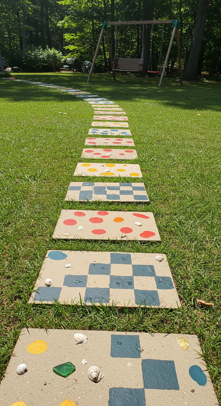 Rectangular pavers painted with colorful checkerboard and polka dot patterns.