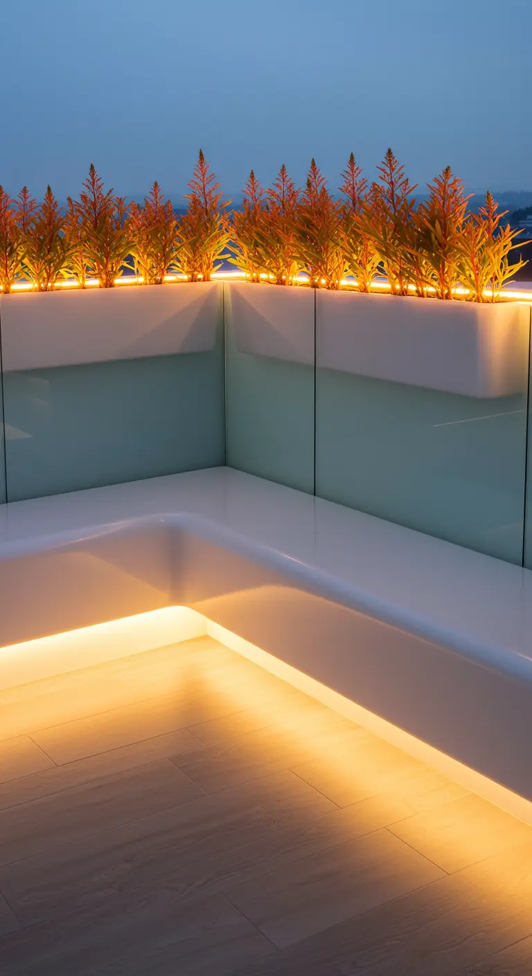 A sleek, white, curved modern bench with integrated lighting and orange-leafed plants.