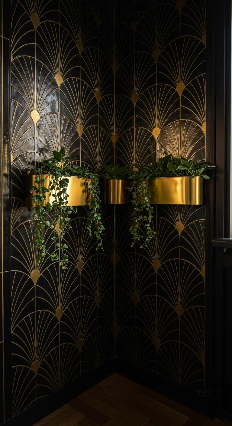 Art Deco balcony with black and gold fan tiles and brass planters with trailing plants.