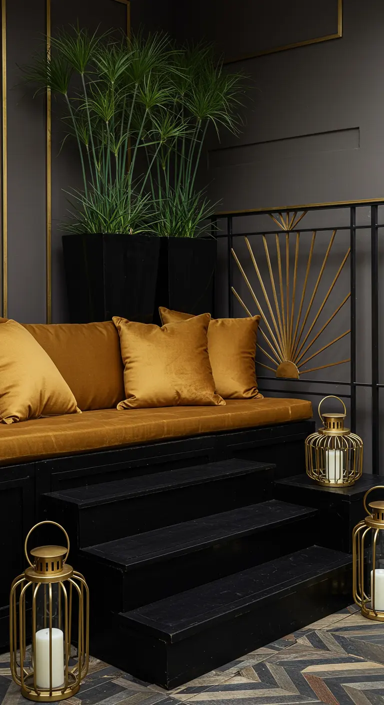 An elegant Art Deco-inspired nook with black tiered seating, gold velvet cushions, and a gold railing.