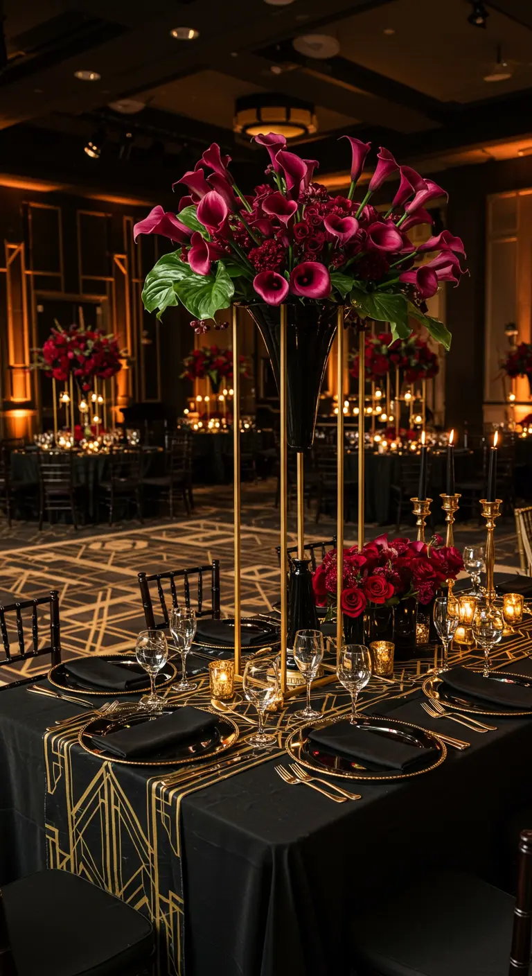 An Art Deco wedding table with a tall floral centerpiece, black linens, and gold geometric details.