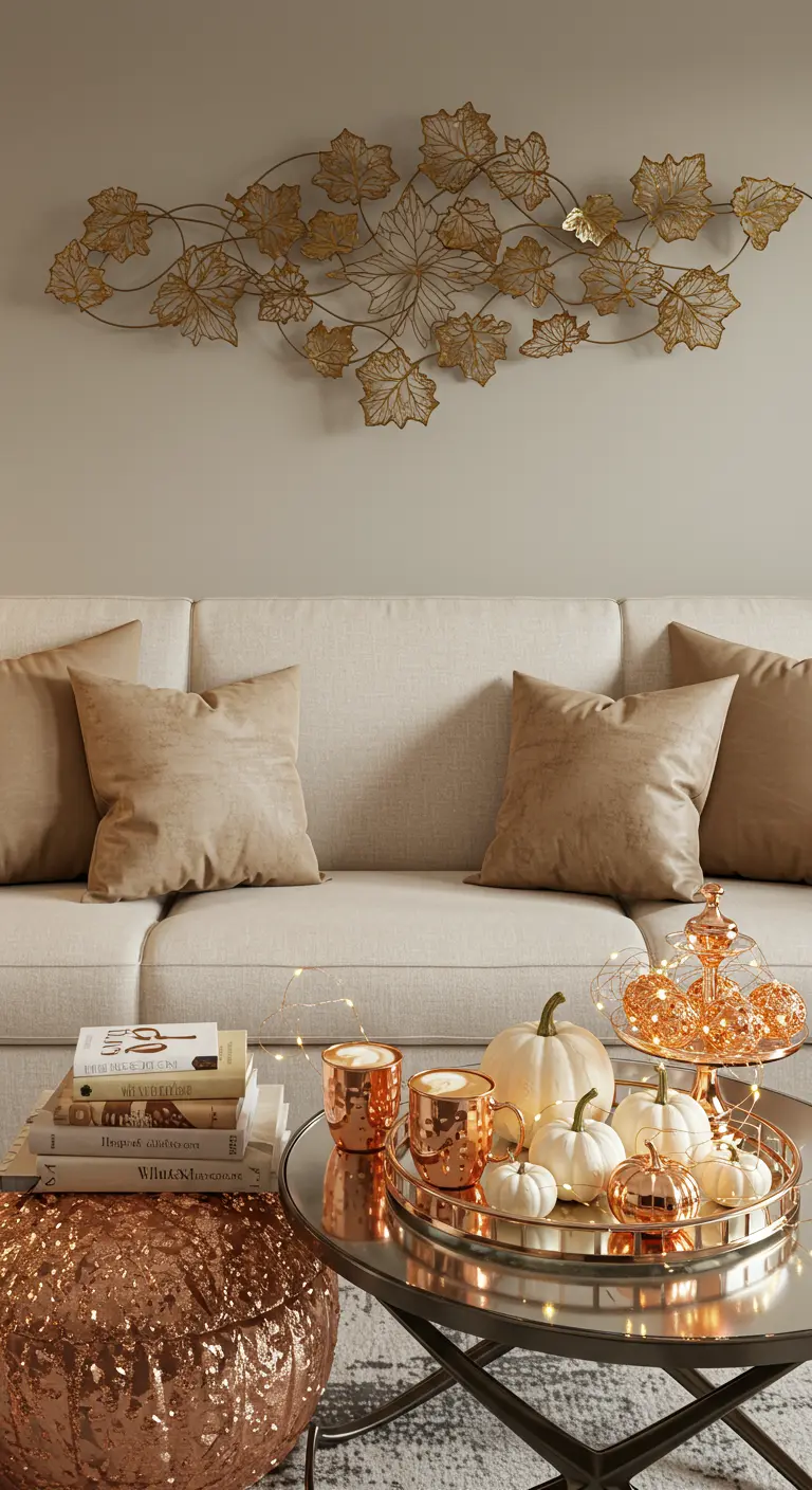Glamorous fall decor with a cream sofa, rose gold accents, and white and metallic pumpkins.