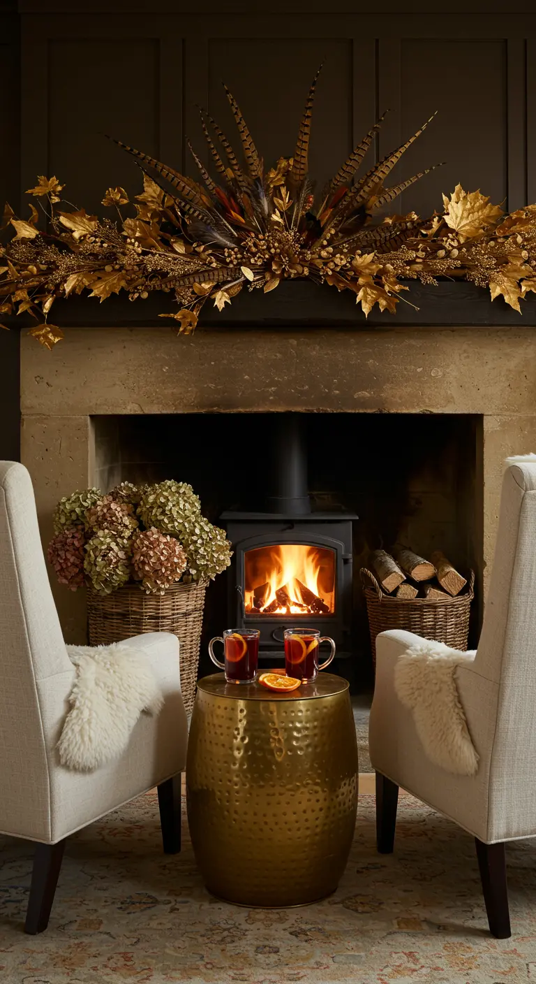 Fireplace mantel decorated with a gold leaf and pheasant feather arrangement.