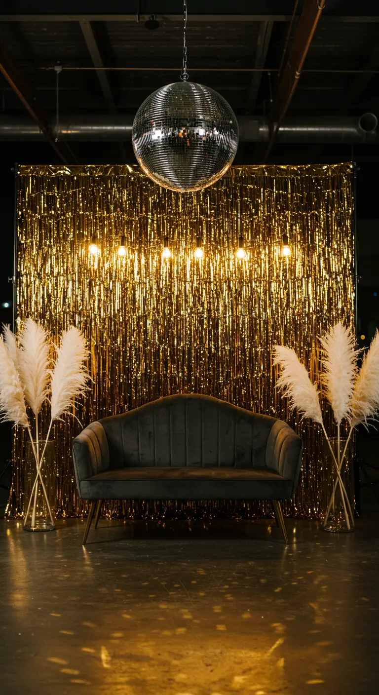 A gold fringe backdrop with a single disco ball, a dark velvet sofa, and pampas grass decor.