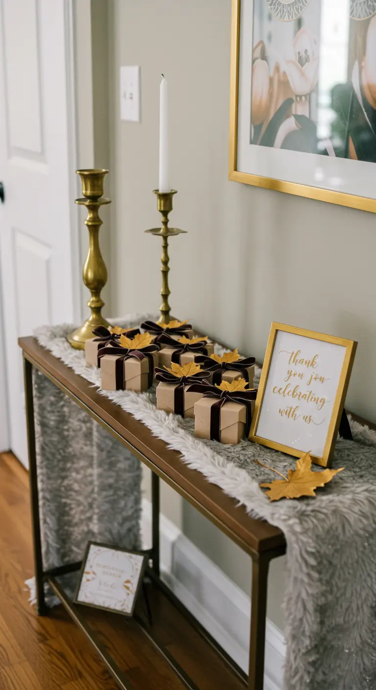 A favor table with small gift boxes, each decorated with a gold leaf and ribbon.