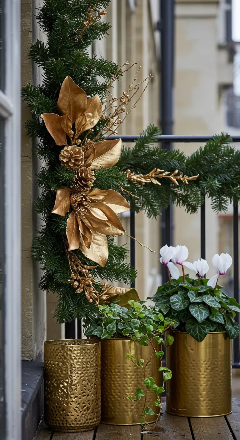 An elegant balcony display with a garland of gilded poinsettias and matching gold planters.