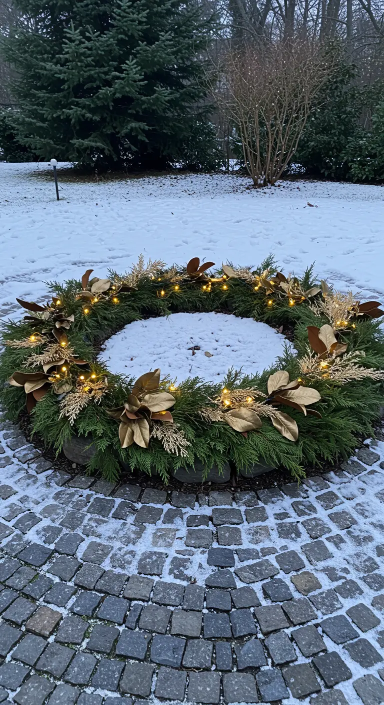 A large evergreen wreath on a stone patio, decorated with gilded magnolia leaves and fairy lights.