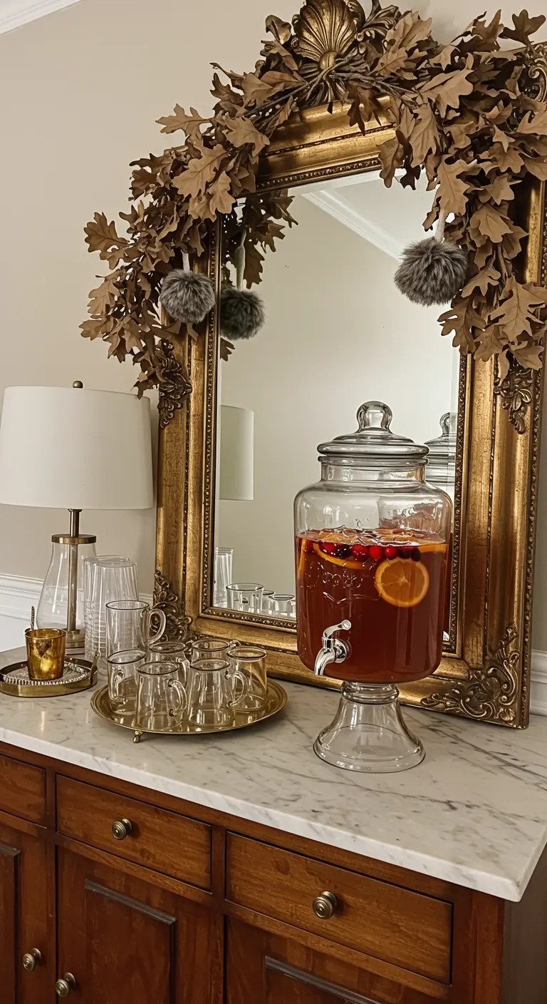 A glass drink dispenser in front of a gold mirror adorned with an oak leaf garland.