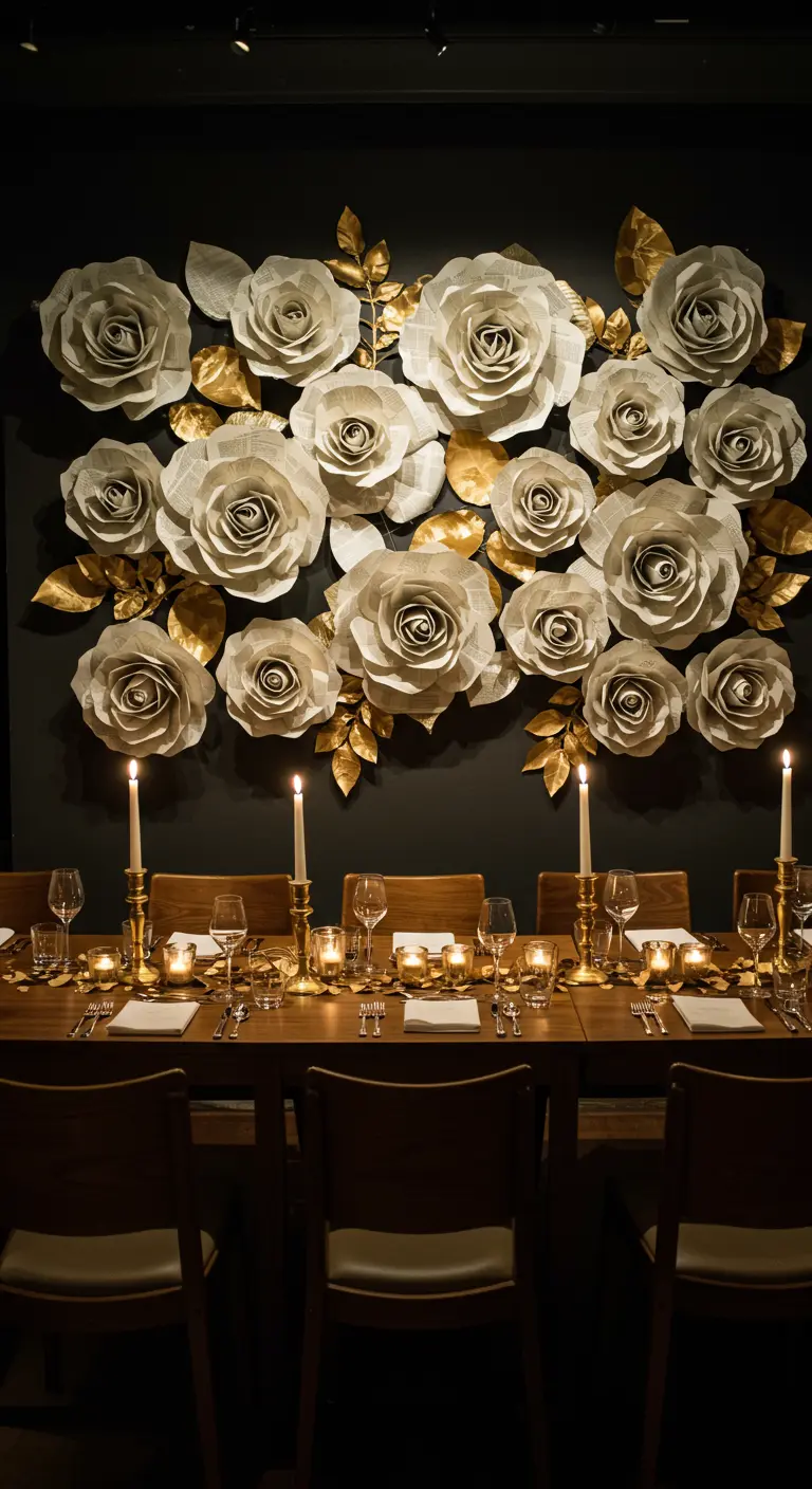 A wall decorated with large paper roses made from book pages and gold leaves, behind a dining table.