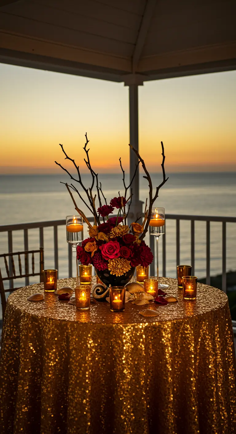 Balcony table with a gold sequin tablecloth overlooking a sunset.