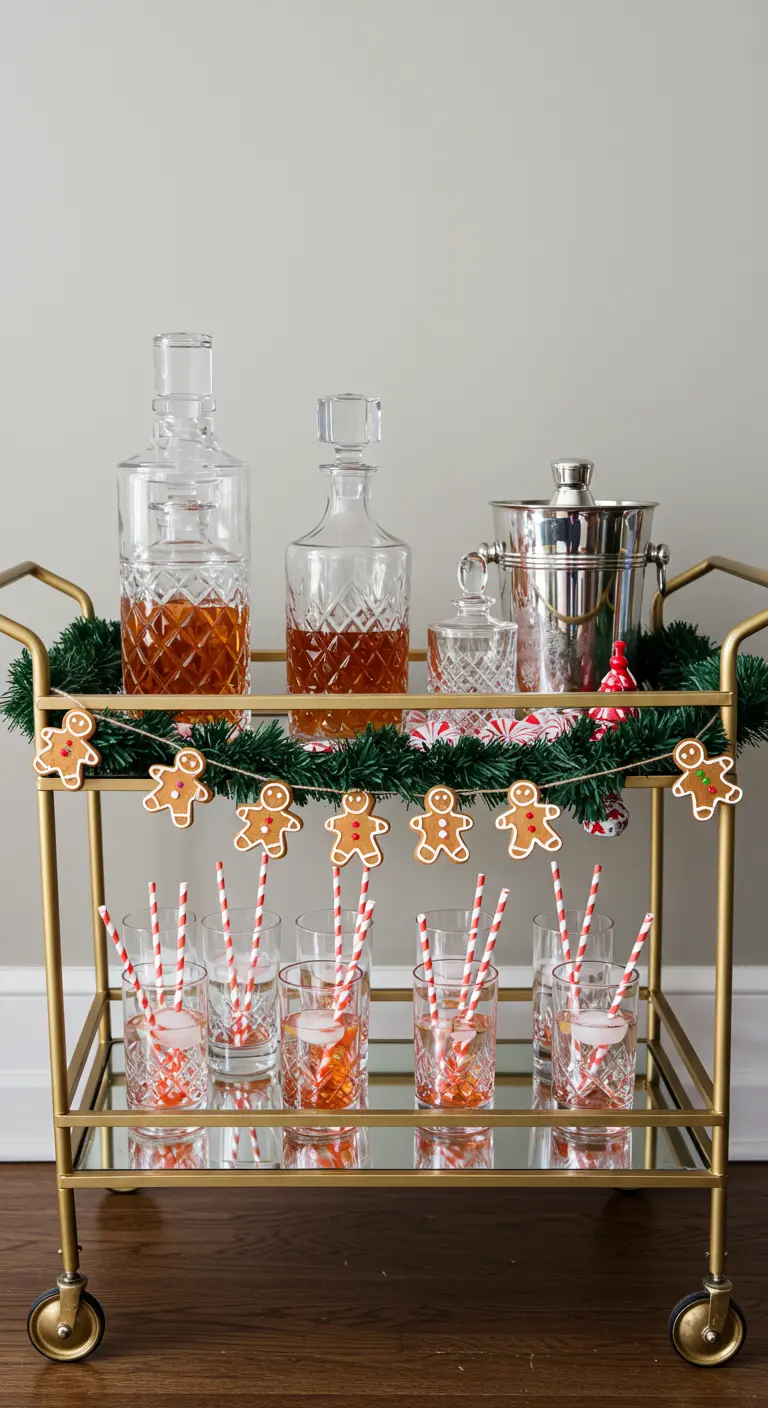Gold bar cart decorated with a gingerbread man garland and striped straws.