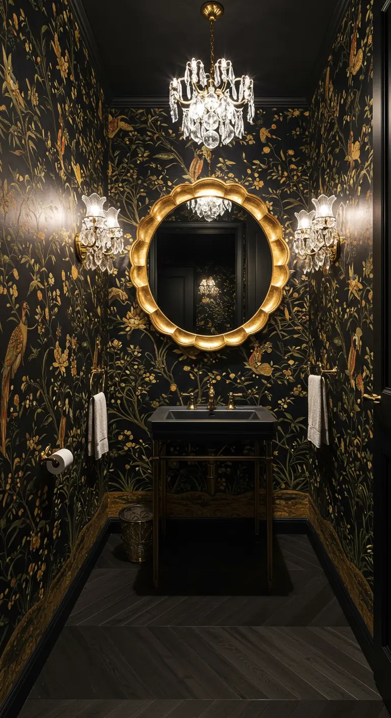 Dramatic powder room with dark floral Chinoiserie wallpaper and a gold mirror.