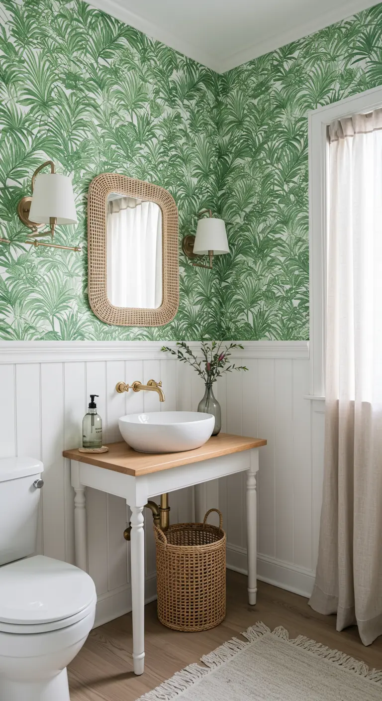 Powder room with vibrant green palm leaf wallpaper and white wainscoting.