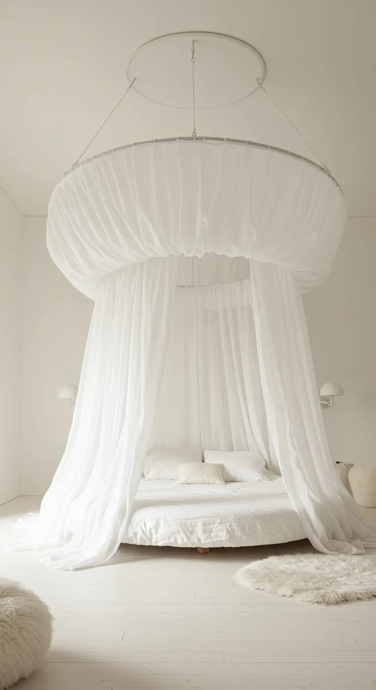 A round bed is enveloped in a dramatic, oversized white fabric canopy hanging from the ceiling.