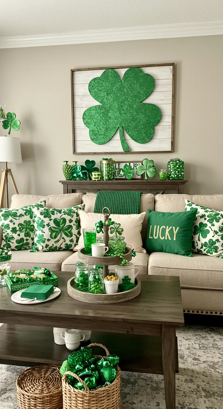 St. Patrick's Day living room decor with a large glitter shamrock, green pillows, and candy jars.