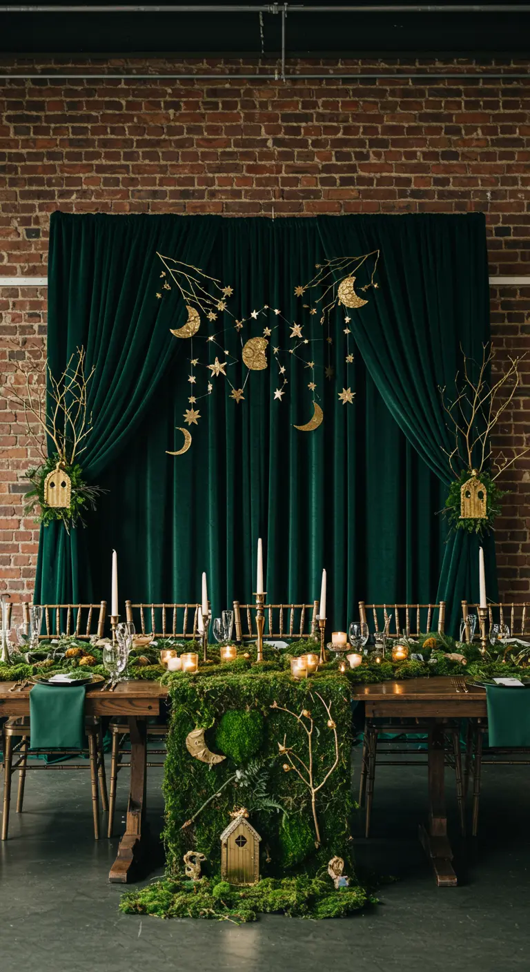 An elegant forest party table with a green velvet backdrop and hanging gold moons and stars.